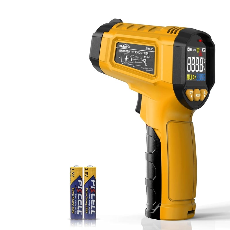 SQECH Infrared Thermometer Gun, Laser Thermometer Gun -58℉～1112℉(-50℃～600℃),Non-Contact Temperature Gun with Adjustable Emissivity&Color Backlight for Cooking, Pizza Oven,BBQ,Fridge,Engine,HVAC(Yellow) - Image 1